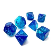 Recommended product: Chessex Gemini Blue-Blue with Light Blue Luminary 7-Dice Set