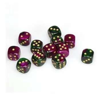 Chessex Gemini Green Purple with Gold 16mm D6 (12 Dice) - image of product number: 1