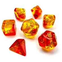 Recommended product: Chessex Gemini Translucent Red-Yellow with Gold 7-Dice Set