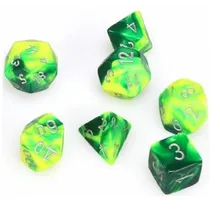 Recommended product: Chessex Gemini Green Yellow with Silver