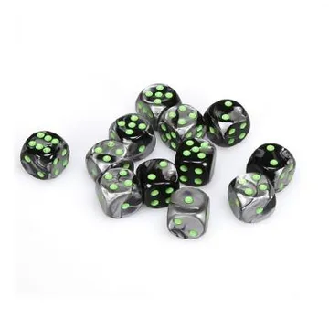 Chessex Gemini Black Grey with Green 16mm D6 (12 Dice) - image of product number: 1
